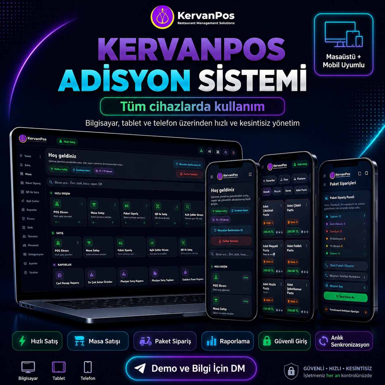 KervanPOS bilgisayar tablet ve telefon ekranlarında